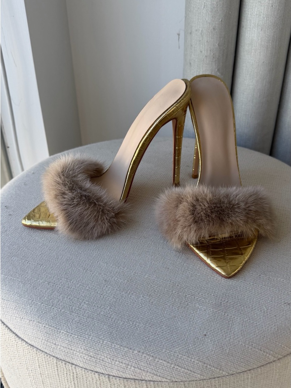 Gold Stiletto Mule with Taupe Fur Trim - Women's Luxury Slide - Picture 4 of 13